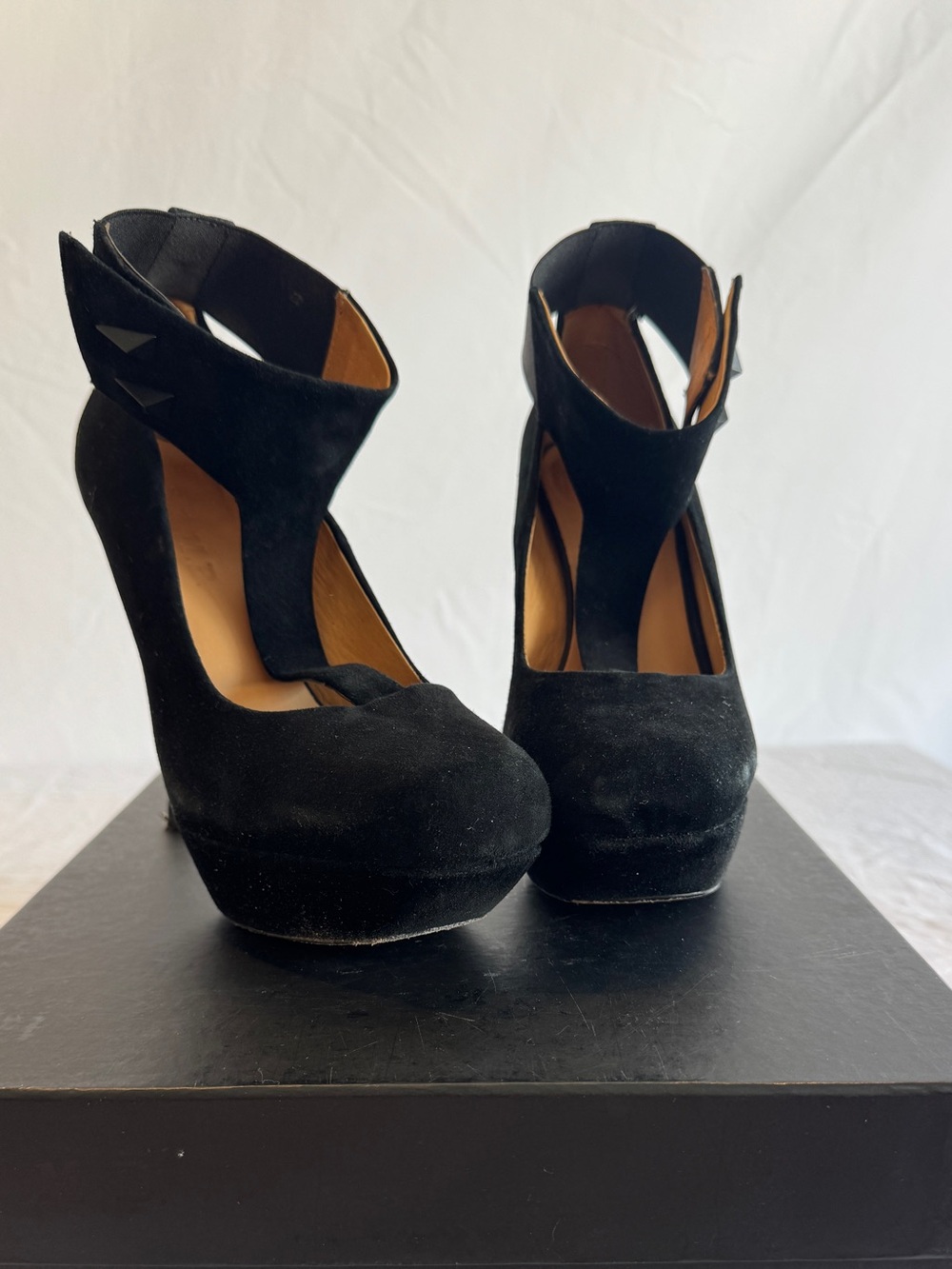 Lamb Black Suede Platform T-Strap High Heels